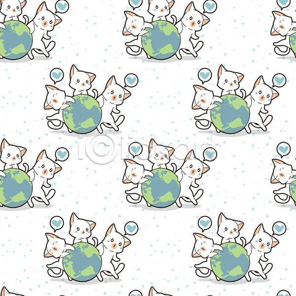 귀여움 러블리 사람없음 EPS 일러스트 해외이미지 고양이 동물캐릭터 말풍선 서기 여러마리 지구 패턴 패턴백그라운드 하트 흰색