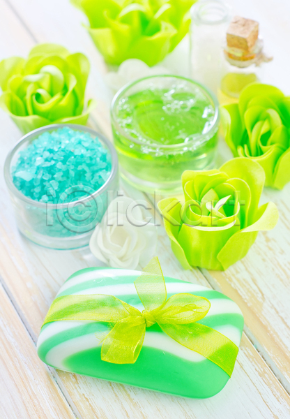 사람없음 JPG 포토 해외이미지 꽃 리본 비누 스파 스파용품 아로마테라피 유리그릇 입욕소금 초록색