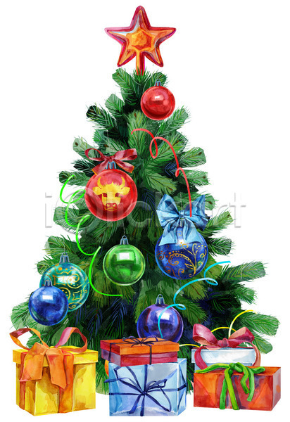 사람없음 JPG 일러스트 포토 해외이미지 12월 겨울 디자인 선물 선물상자 수채화(물감) 장식 전나무 크리스마스 크리스마스트리