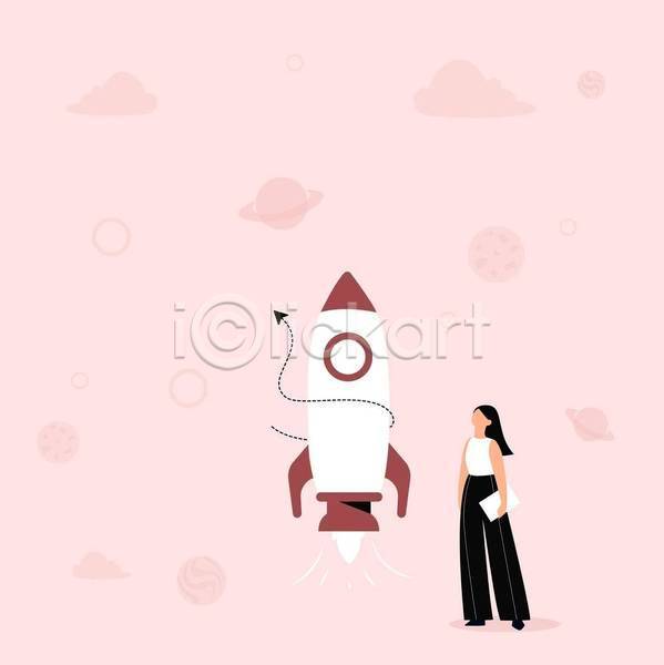 성인 성인여자한명만 여자 한명 EPS 일러스트 해외이미지 들기 로켓 백그라운드 분홍색 얼굴없음 우주 우주선 응시 카피스페이스 컨셉 프레임 플랫 행성 화살표