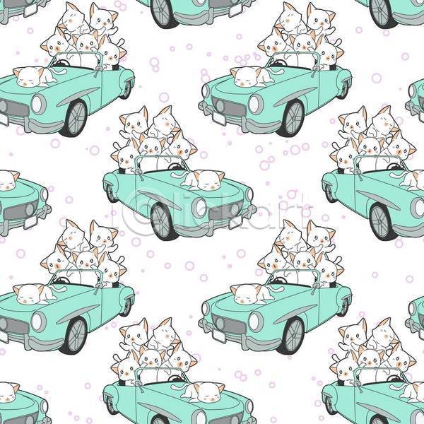귀여움 러블리 사람없음 EPS 일러스트 해외이미지 고양이 눕기 동물캐릭터 민트색 승차 여러마리 자동차 패턴 패턴백그라운드 흰색