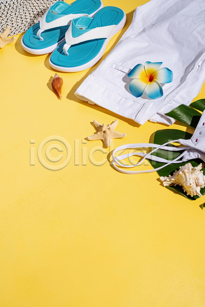 사람없음 JPG 포토 해외이미지 꽃 노란색 바캉스 바캉스용품 불가사리 여름휴가 오브젝트 쪼리