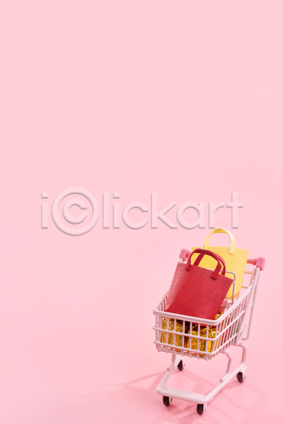사람없음 JPG 포토 해외이미지 미니어처 분홍색배경 쇼핑 쇼핑백 쇼핑카 실내 오브젝트