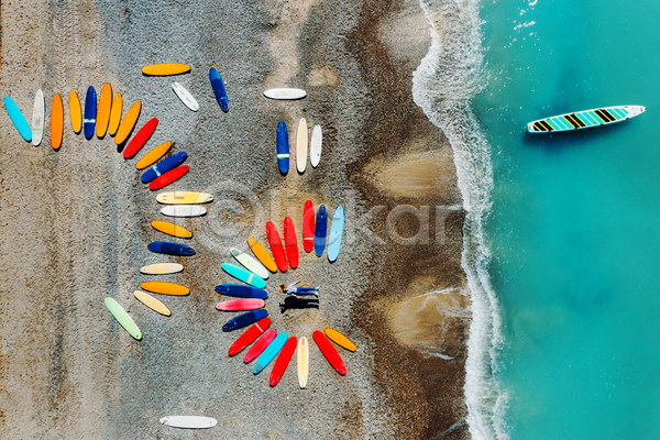 사람없음 JPG 포토 하이앵글 항공촬영 해외이미지 서핑보드 야외 여러개 여름(계절) 여름풍경 주간 해변 휴양지