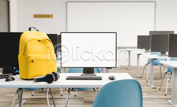 사람없음 3D JPG 포토 해외이미지 교실 모니터 백그라운드 스크린 실내 의자 책상 카피스페이스 컴퓨터 학교