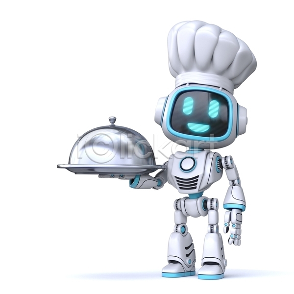 사람없음 3D JPG 일러스트 해외이미지 AI(인공지능) 들기 로봇 요리사모자 쟁반덮개 캐릭터
