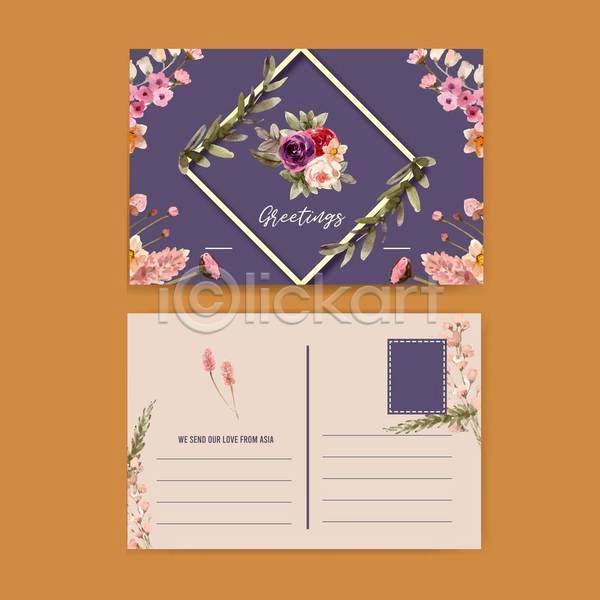 사람없음 EPS 일러스트 해외이미지 꽃 꽃봉오리 디자인 마름모 보라색 수채화(물감) 엽서 잎 카드(감사) 프레임