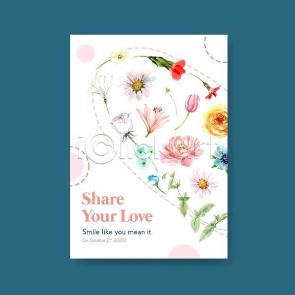 사람없음 EPS 일러스트 템플릿 해외이미지 꽃 수채화(물감) 잎 장미 점선 튤립 포스터 흰색