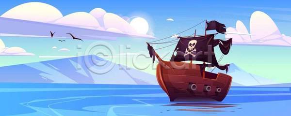 사람없음 EPS 일러스트 해외이미지 바다 백그라운드 섬 와이드컷 파노라마 파란색 해적 해적선