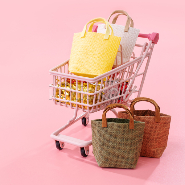 사람없음 JPG 포토 해외이미지 가방 미니어처 분홍색배경 쇼핑 쇼핑백 쇼핑카 실내 오브젝트
