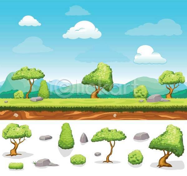 사람없음 EPS 일러스트 해외이미지 게임 구름(자연) 그래픽 나무 다양 돌(바위) 산 세트 자연 잔디 초원(자연) 풍경(경치) 하늘