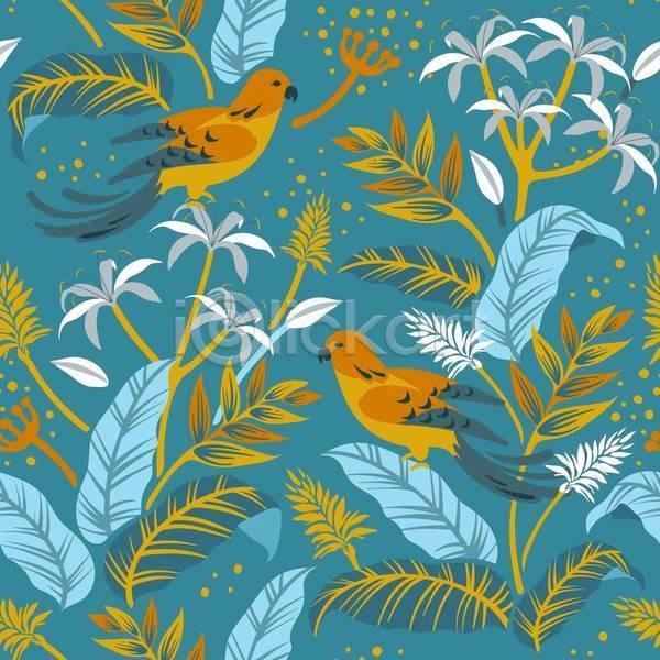 시원함 사람없음 EPS 일러스트 해외이미지 두마리 백그라운드 여름(계절) 열대꽃 열대잎 조류 파란색 패턴 패턴백그라운드