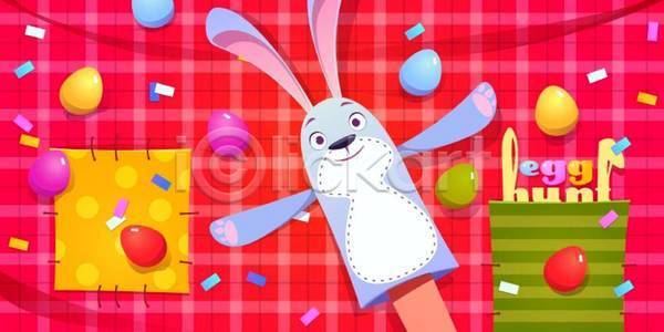 축하 사람없음 EPS 일러스트 해외이미지 계란 꽃가루 놀이 백그라운드 부활절 빨간색 인형 장식 체크무늬 캐릭터 토끼 파티 패턴