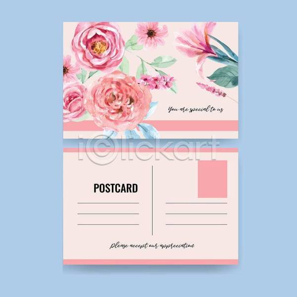 감성 사람없음 EPS 일러스트 해외이미지 꽃 분홍색 수채화(물감) 엽서 잎 카드(감사)