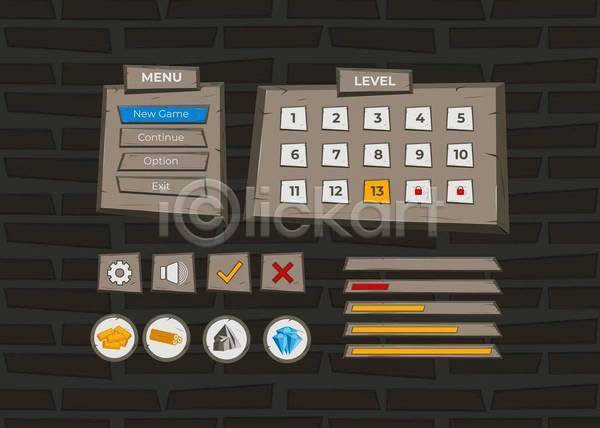순서 사람없음 EPS 일러스트 해외이미지 UI X 게임 단계 로딩 메뉴 스피커 인터페이스 자물쇠 잠금 체크표시 톱니바퀴
