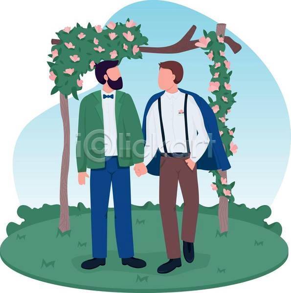 남자 두명 성인 성인남자만 EPS 일러스트 해외이미지 결혼 결혼식 꽃 나뭇가지 동성애자 서기 성소수자 손잡기 얼굴없음 전신 주머니손