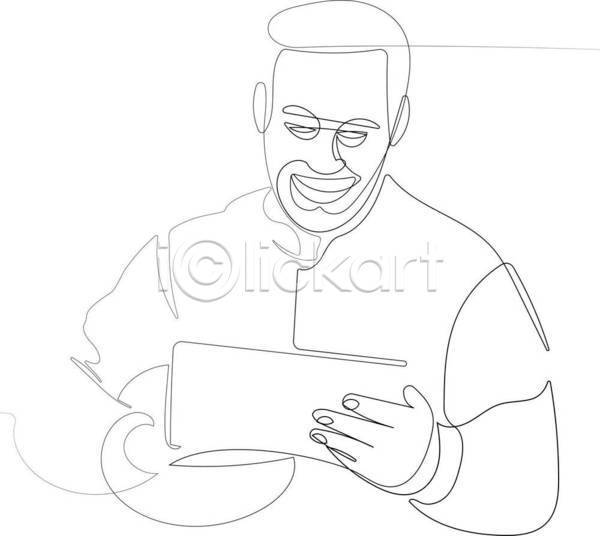 행복 남자 성인 성인남자한명만 한명 EPS 라인일러스트 일러스트 해외이미지 노동자 드로잉 들기 라인아트 상반신 손그림 웃음 태블릿