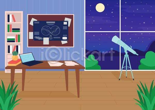 사람없음 EPS 일러스트 해외이미지 노트북 망원경 밤하늘 창문 책상