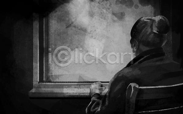 고독 노년 노인여자한명만 여자 한명 PSD 일러스트 검은색 고독사 고령화 독거노인 상반신 앉기 응시 의자 창가 창문 할머니