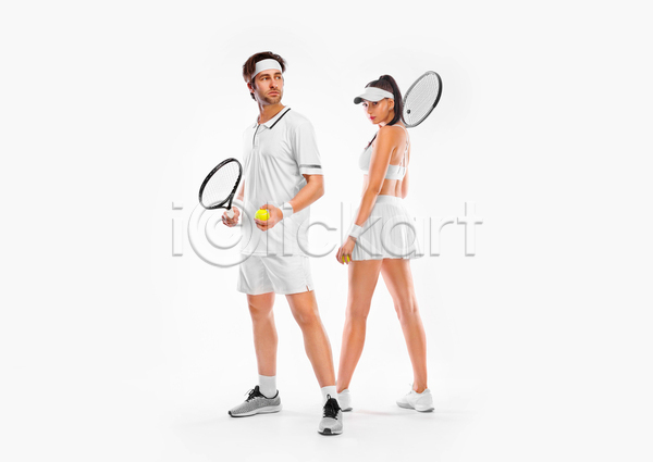 남자 두명 성인 성인만 여자 JPG 옆모습 포토 해외이미지 들기 서기 실내 응시 전신 테니스공 테니스라켓 테니스복 흰배경