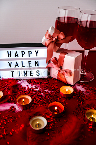 사람없음 JPG 포토 해외이미지 라이트박스 발렌타인데이 선물상자 실내 와인 와인잔 향초