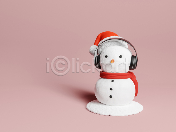 사람없음 3D JPG 포토 해외이미지 겨울 눈사람 분홍색 산타모자 크리스마스 헤드폰