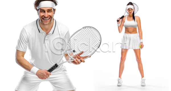 남자 두명 성인 성인만 여자 JPG 앞모습 포토 해외이미지 들기 상반신 서기 실내 썬캡 응시 전신 테니스라켓 테니스복 흰배경