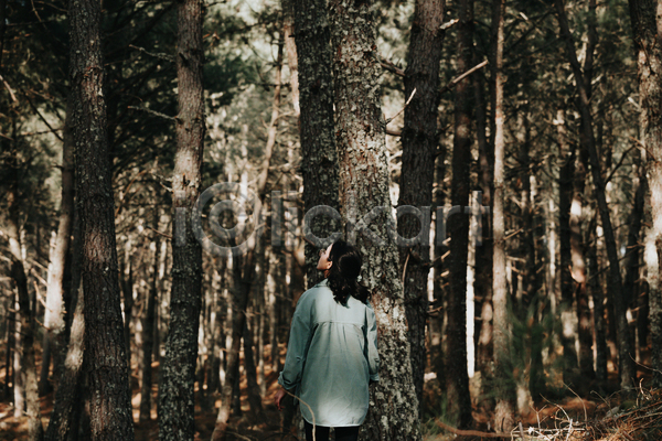 휴식 성인 성인여자한명만 여자 한명 JPG 뒷모습 포토 해외이미지 상반신 소나무 소나무숲 숲속 야외 여행 올려보기 주간 혼자