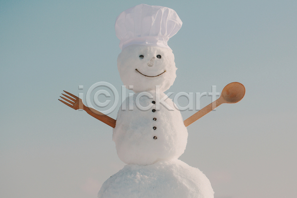 추위 사람없음 JPG 포토 해외이미지 겨울 눈(날씨) 눈사람 숟가락 요리사모자 포크