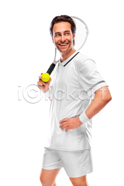 남자 성인 성인남자한명만 한명 JPG 옆모습 포토 해외이미지 들기 상반신 실내 응시 테니스공 테니스라켓 테니스복 허리손 흰배경
