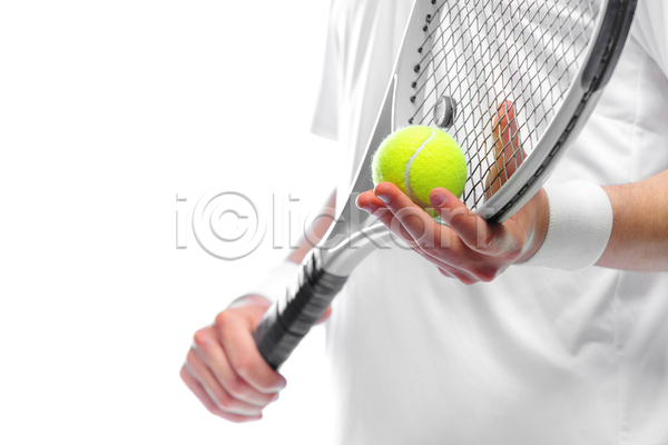 남자 성인 성인남자한명만 한명 JPG 옆모습 포토 해외이미지 들기 상반신 실내 아대 테니스공 테니스라켓 테니스복 흰배경