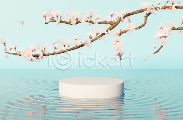 사람없음 3D JPG 포토 해외이미지 꽃가지 단상 디자인 목업 무대 물결 백그라운드 벚꽃 봄 수면 포디움 하늘색