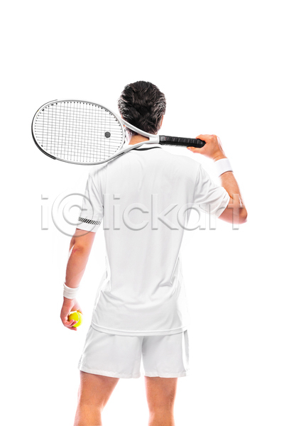 남자 성인 성인남자한명만 한명 JPG 뒷모습 포토 해외이미지 들기 상반신 서기 실내 테니스공 테니스라켓 테니스복 흰배경
