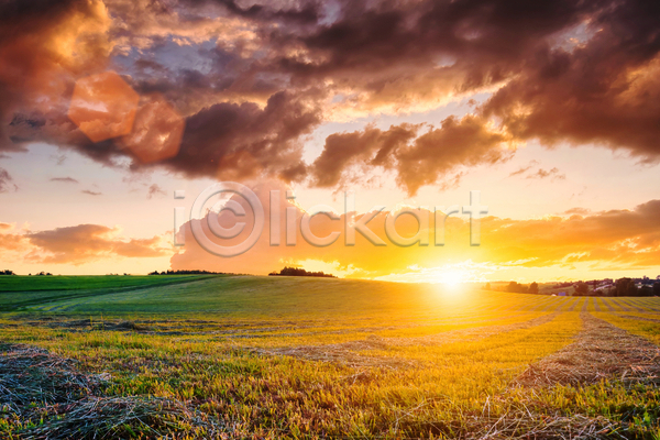 사람없음 JPG 포토 해외이미지 구름(자연) 농경지 야외 일몰 자연 태양 풍경(경치) 하늘 햇빛