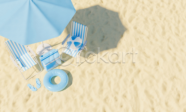 사람없음 3D JPG 포토 해외이미지 그림자 모래 비치볼 선베드 아이스박스 여름(계절) 쪼리 튜브 파라솔