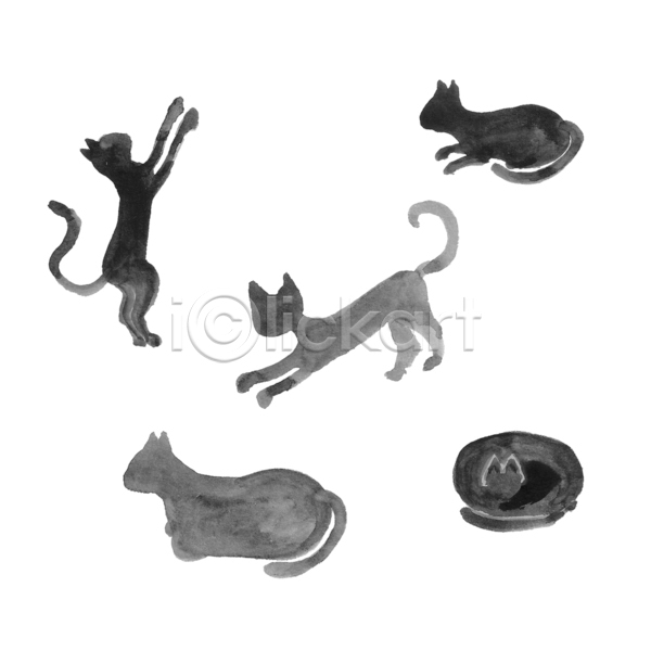 사람없음 JPG 실루엣 포토 해외이미지 고양이 그림 수채화(물감) 여러마리