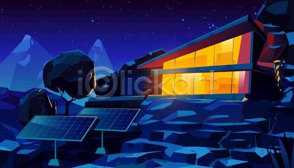 사람없음 EPS 일러스트 해외이미지 건물 나무 바위 별 산 야간 야경 집열판 파란색