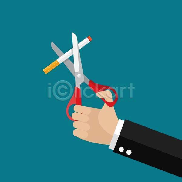 신체부위 EPS 일러스트 해외이미지 가위(도구) 가위질 금연 담배 담배꽁초 들기 손 자르기 파란색 흡연 흡연금지