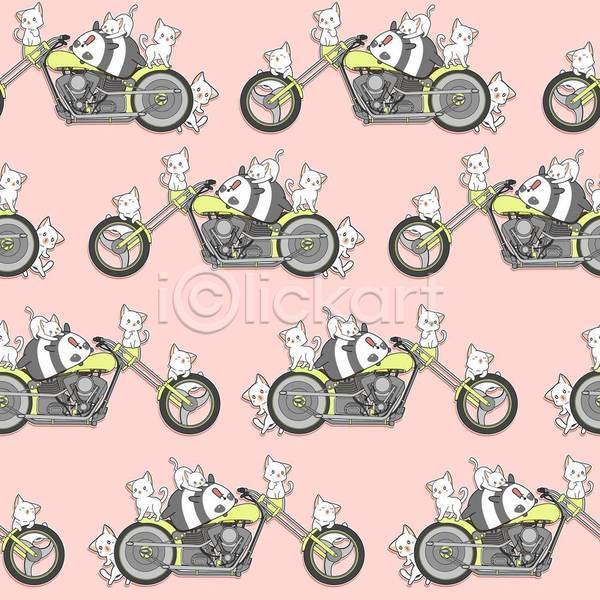 귀여움 러블리 사람없음 EPS 일러스트 해외이미지 고양이 눕기 동물캐릭터 분홍색 승차 앉기 엎드리기 여러마리 오토바이 패턴 패턴백그라운드