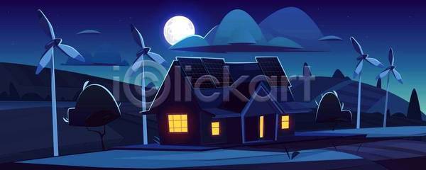사람없음 EPS 일러스트 해외이미지 건물 구름(자연) 달 시골 야간 야경 어둠 주택 파란색 풍력에너지