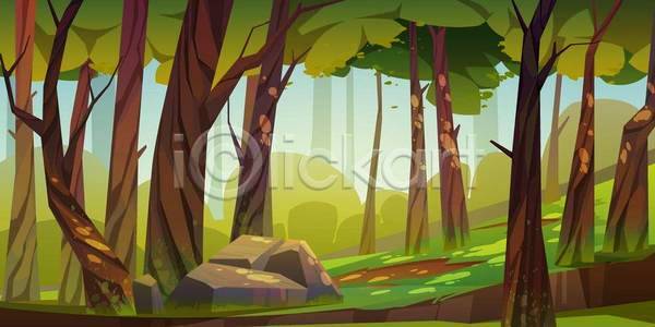 사람없음 EPS 일러스트 해외이미지 경사 나무 바위(돌) 백그라운드 숲속 풀(식물) 풍경(경치)