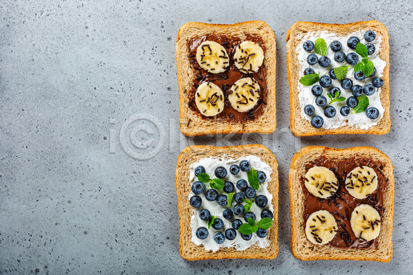 사람없음 JPG 포토 해외이미지 바나나 블루베리 스프레드(음식) 식빵 아침식사 음식 초콜릿