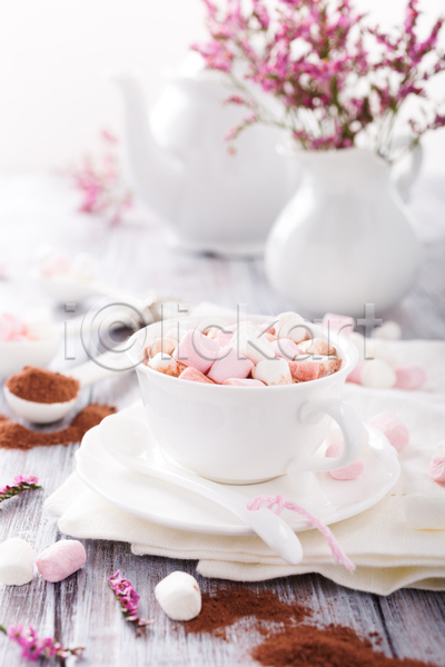 사람없음 JPG 포토 해외이미지 꽃 꽃병 나무배경 마시멜로우 찻잔 카피스페이스 컵 컵받침 코코아가루
