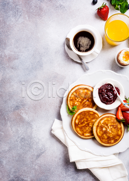 사람없음 JPG 포토 해외이미지 딸기잼 아침식사 오렌지주스 음식 커피 팬케이크