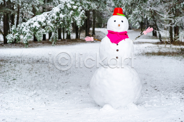 추위 사람없음 JPG 포토 해외이미지 겨울 눈(날씨) 눈사람 목도리 바구니 설원 숲 장갑