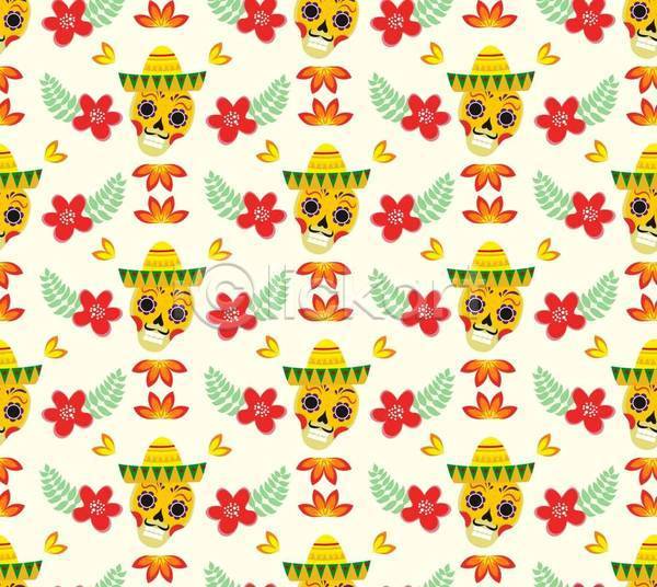 사람없음 EPS 일러스트 해외이미지 가면 꽃 나비 노란색 멕시코모자 백그라운드 솜브레로 잎 전통 패턴