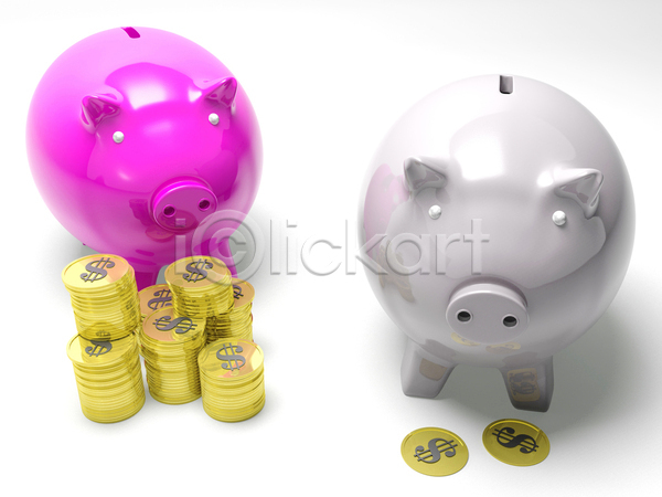 사람없음 3D JPG 포토 해외이미지 경제 금융 금화 달러 동전 동전탑 돼지저금통 실내 저축 흰배경