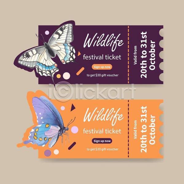 사람없음 EPS 일러스트 해외이미지 나비 나비축제 두마리 보라색 상품권 영어 주황색 타이포그라피 티켓