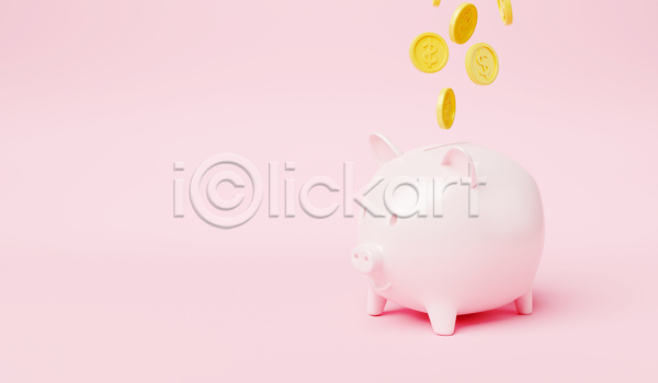 사람없음 3D JPG 디지털합성 포토 해외이미지 동전 돼지저금통 분홍색 쏟아짐 저축 카피스페이스