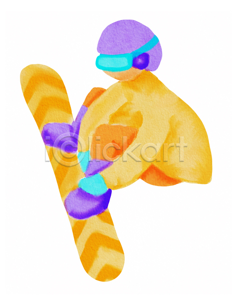 남자 남자한명만 한명 JPG 포토 해외이미지 겨울 노란색 라이프스타일 손그림 수채화(물감) 스노우보더 스노우보드 스포츠 전신